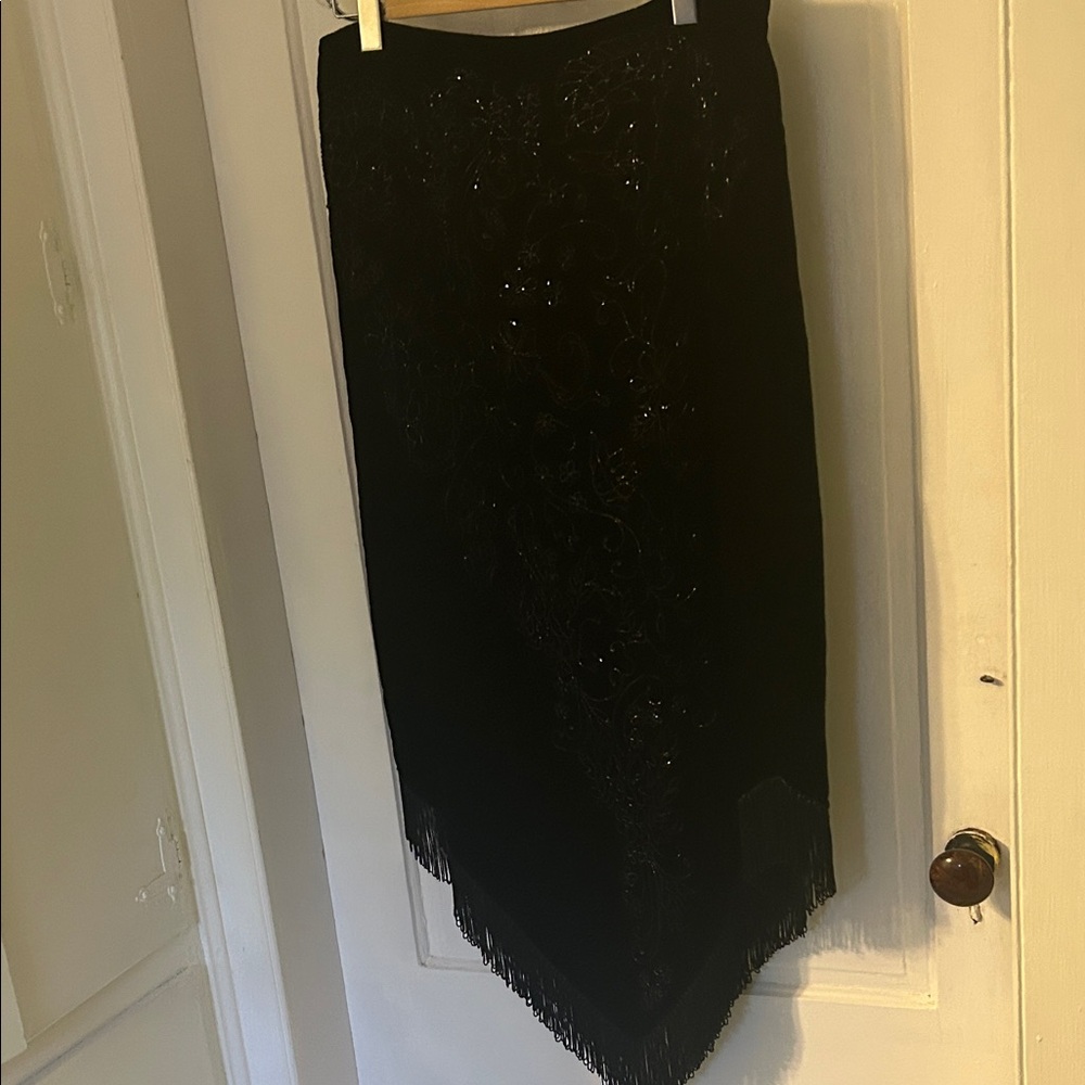 Elegant Black Velvet Beaded Fringe Skirt